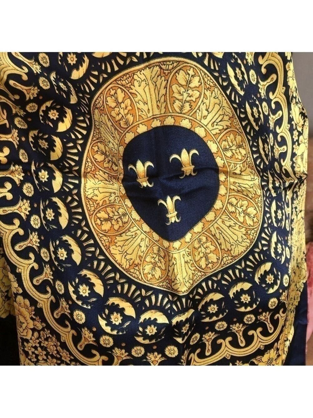 SCARF 36” square navy blue with center medallion in shades of gold. - Picture 6 of 8